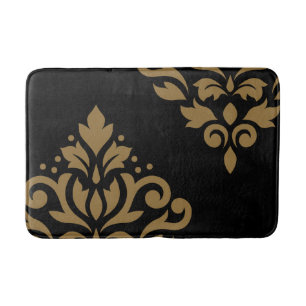 Scroll Damask Art I Gold on Black Bath Mat
