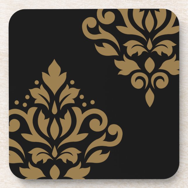 Scroll Damask Art I Gold on Black Coaster (Front)