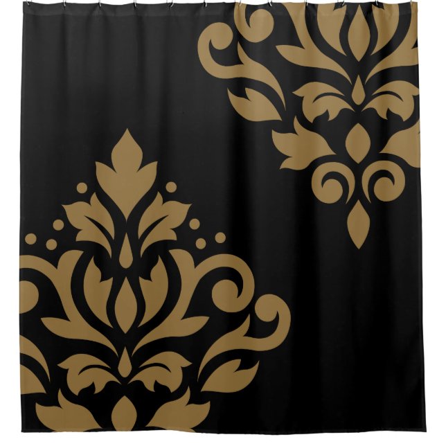 Scroll Damask Art I Gold on Black Shower Curtain (Front)
