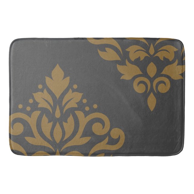 Scroll Damask Art I Gold on Grey Bath Mat (Front)