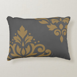 Scroll Damask Art I Gold on Grey Decorative Cushion