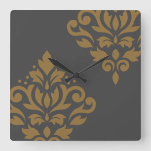 Scroll Damask Art I Gold on Grey Square Wall Clock