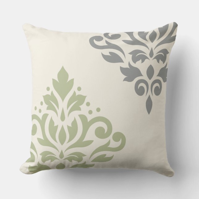 Scroll Damask Art I Green Grey Cream Cushion (Front)