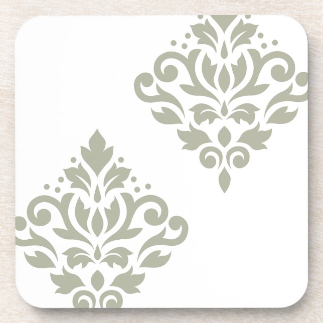 Scroll Damask Art I Green on White Coaster (Front)