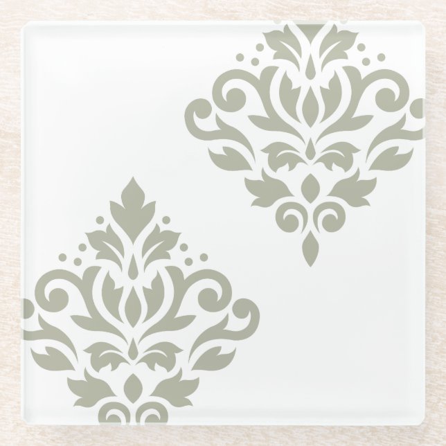 Scroll Damask Art I Green on White Glass Coaster (Front)