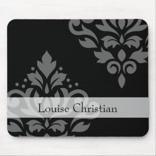 Scroll Damask Art I Grey on Black (Personalised) Mouse Pad