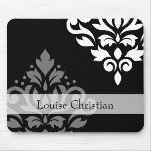 Scroll Damask Art I Grey+Wt on Blk (Personalised) Mouse Pad