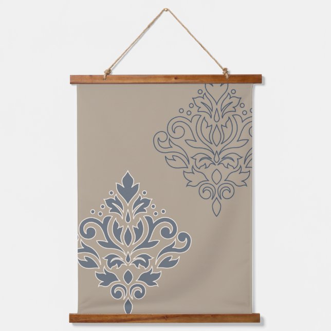 Scroll Damask Art I (Line) Cream Blues Sand Hanging Tapestry (Front)