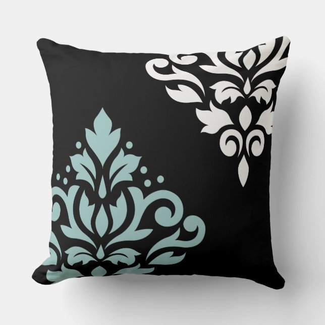 Scroll Damask Art I Lt Teal & Wt on Blk Cushion (Front)