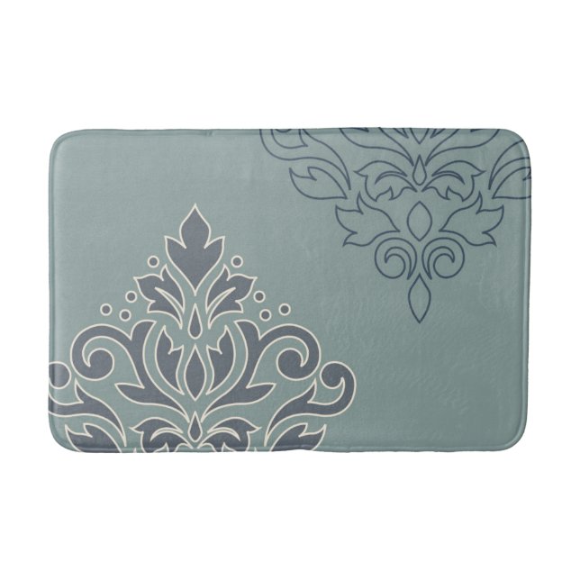 Scroll Damask Art I (outline) Cream Blues Teal Bath Mat (Front)