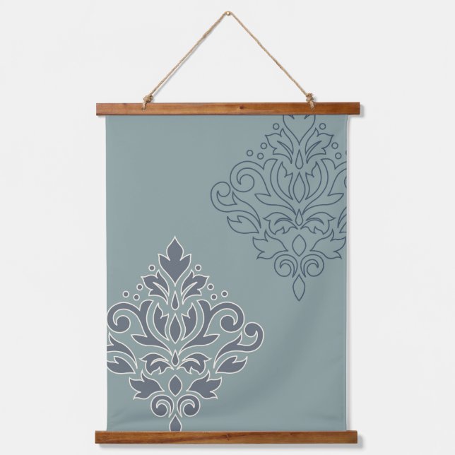 Scroll Damask Art I (outline) Cream Blues Teal Hanging Tapestry (Front)