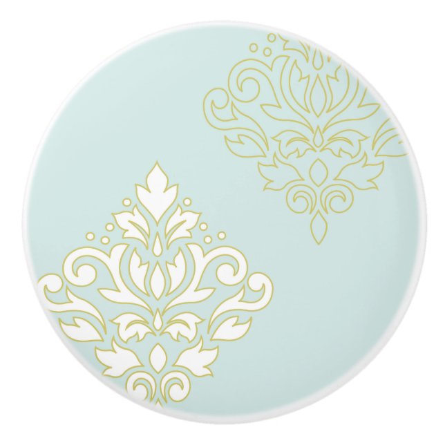 Scroll Damask Art I (outline) Wt Gld Lt Teal Ceramic Knob (Front)