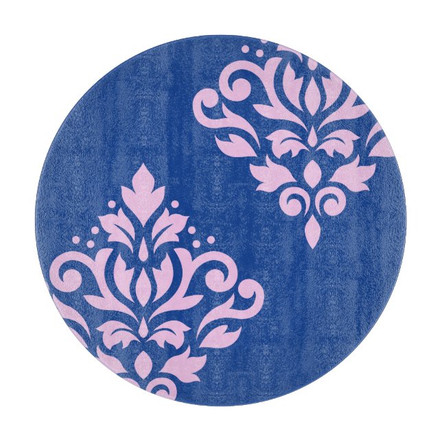 Scroll Damask Art I Pink on Blue Cutting Board (Front)