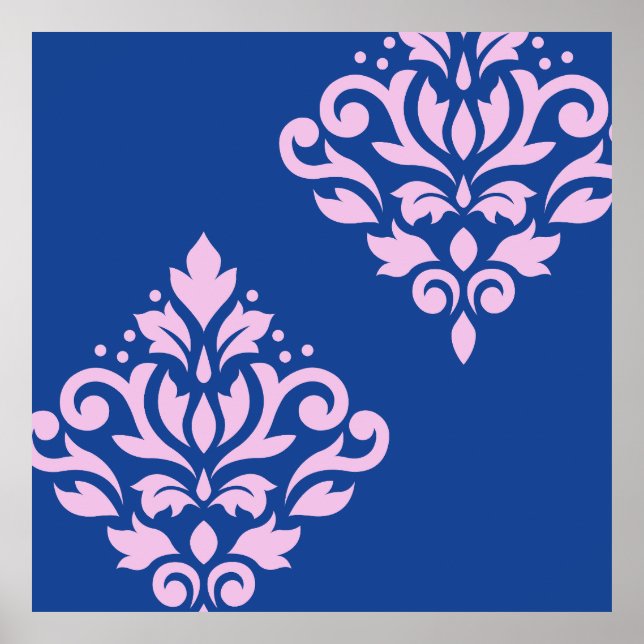 Scroll Damask Art I Pink on Blue Poster (Front)