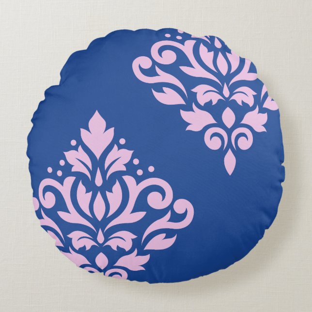 Scroll Damask Art I Pink on Blue Round Cushion (Front)