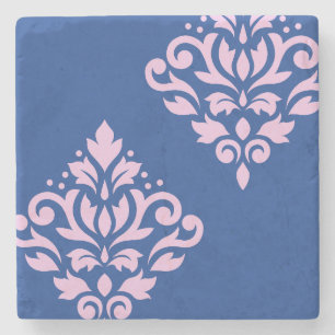 Scroll Damask Art I Pink on Blue Stone Coaster