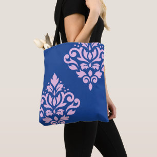 Scroll Damask Art I Pink on Blue Tote Bag