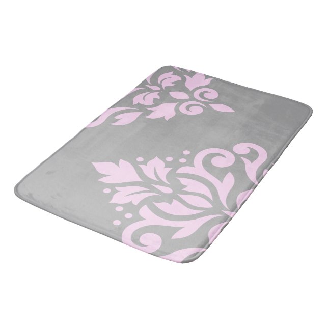 Scroll Damask Art I Pink on Grey Bath Mat (Angled)