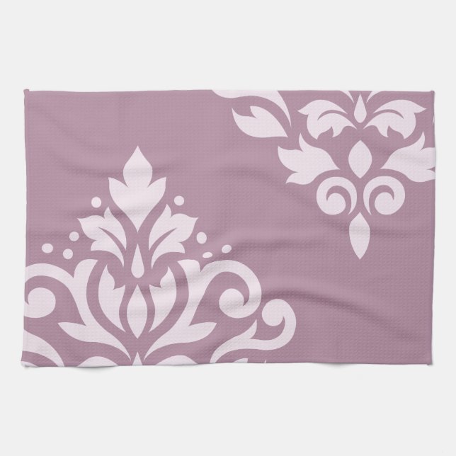 Scroll Damask Art I Pink on Mauve Tea Towel (Horizontal)