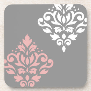 Scroll Damask Art I Pink White Grey Coaster