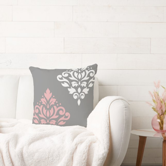Scroll Damask Art I Pink White Grey Cushion (Couch)