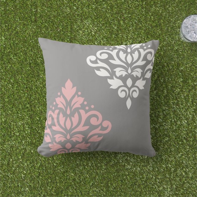 Scroll Damask Art I Pink White Grey Cushion (Grass)