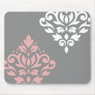 Scroll Damask Art I Pink White Grey Mouse Pad