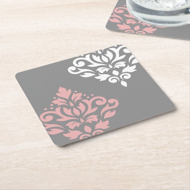 Scroll Damask Art I Pink White Grey Square Paper Coaster (Angled)