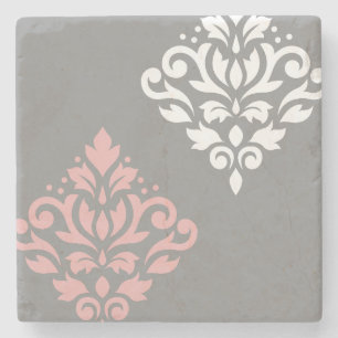 Scroll Damask Art I Pink White Grey Stone Coaster