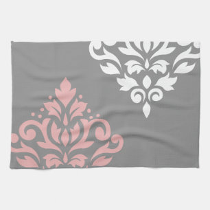 Scroll Damask Art I Pink White Grey Tea Towel