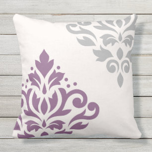 Scroll Damask Art I Plum & Grey on Cream Cushion