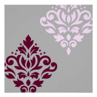 Scroll Damask Art I Plum Pink Grey
