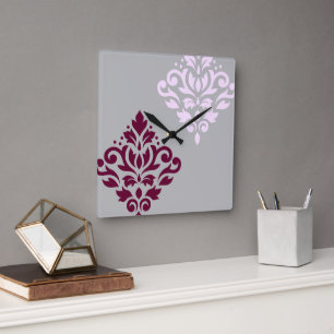 Scroll Damask Art I Plum Pink Grey Square Wall Clock