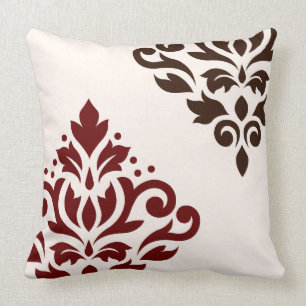 Scroll Damask Art I Red & Brown on Cream Cushion