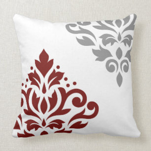 Scroll Damask Art I Red & Grey on White Cushion
