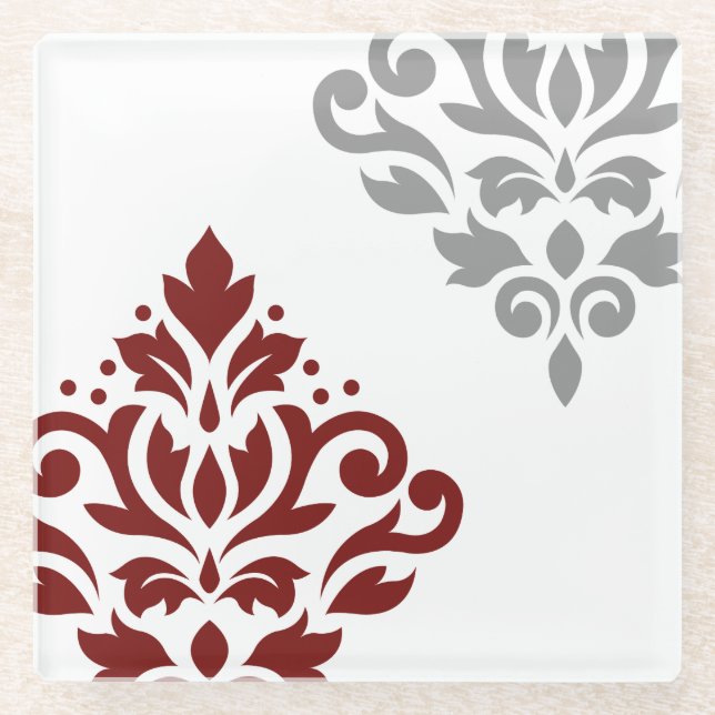 Scroll Damask Art I Red & Grey on White Glass Coaster (Front)