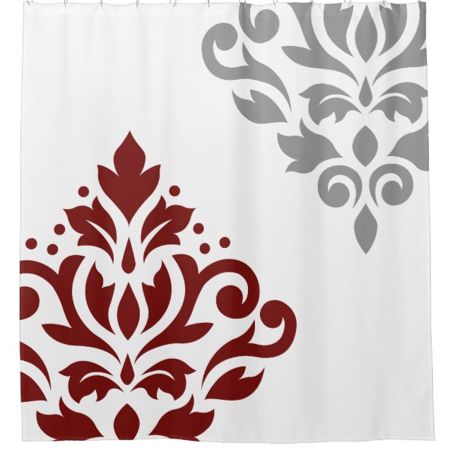 Scroll Damask Art I Red & Grey on White Shower Curtain (Front)