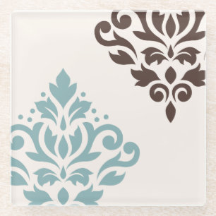 Scroll Damask Art I Teal Brown Cream Glass Coaster