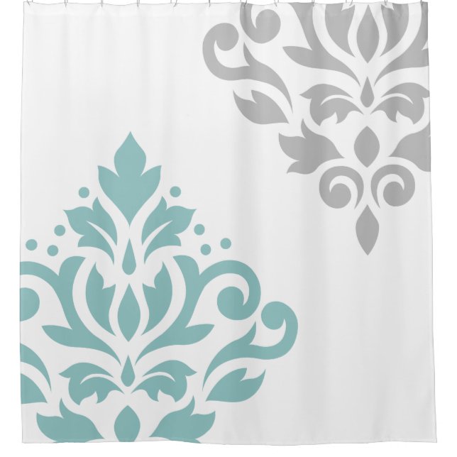 Scroll Damask Art I Teal & Grey on White Shower Curtain (Front)