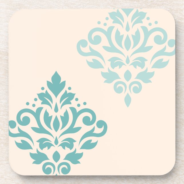 Scroll Damask Art I Teals on Cream Coaster (Front)