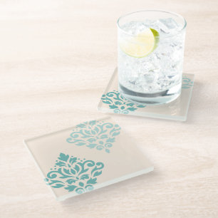 Scroll Damask Art I Teals on Cream Glass Coaster