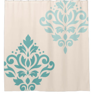 Scroll Damask Art I Teals on Cream Shower Curtain