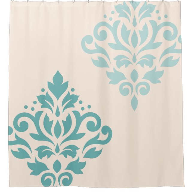 Scroll Damask Art I Teals on Cream Shower Curtain (Front)