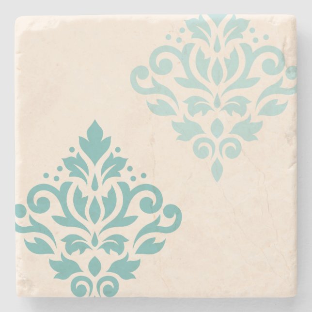 Scroll Damask Art I Teals on Cream Stone Coaster (Front)