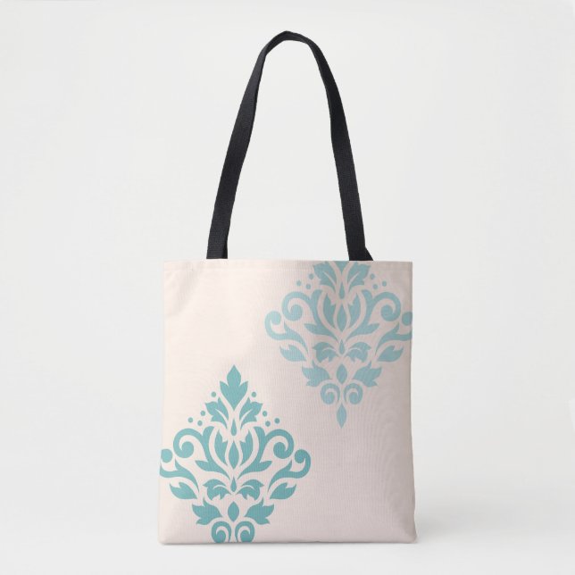 Scroll Damask Art I Teals on Cream Tote Bag (Front)