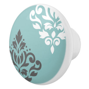 Scroll Damask Art I White & Grey on Light Teal Ceramic Knob