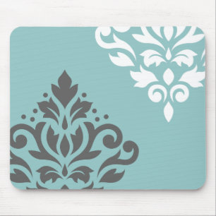 Scroll Damask Art I White & Grey on Light Teal Mouse Pad