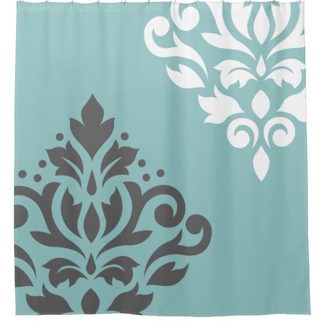 Scroll Damask Art I White & Grey on Light Teal Shower Curtain (Front)