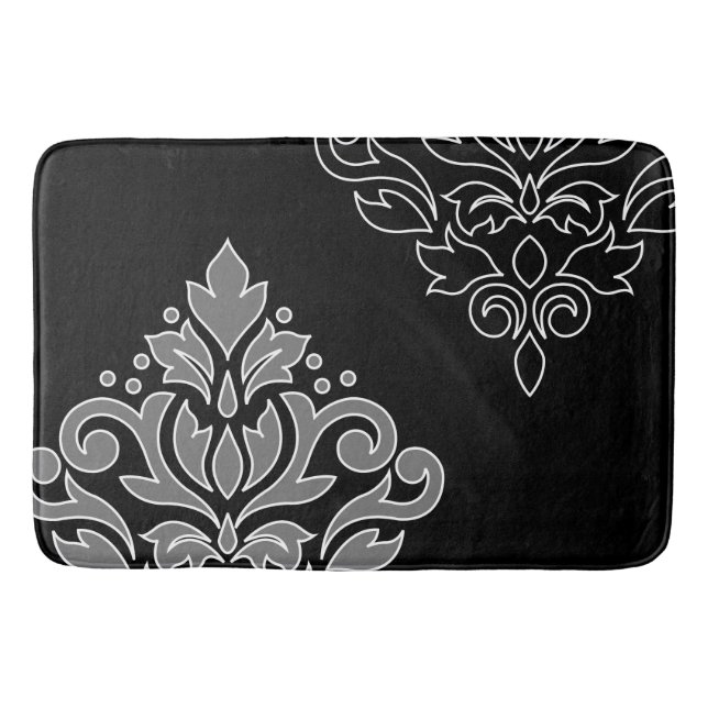 Scroll Damask Art I White Line Grey Black Bath Mat (Front)