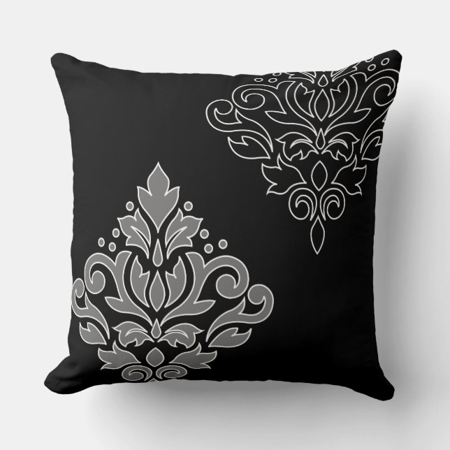 Scroll Damask Art I White Line Grey Black Cushion (Front)